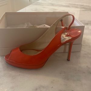 Jimmy Choo (Tangerine) patent leather platform sling- used